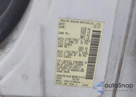 2017 Nissan Nv Cargo Nv2500 Hd Sv V8 из США, поврежденный, VIN 1N6AF0KYXHN806543